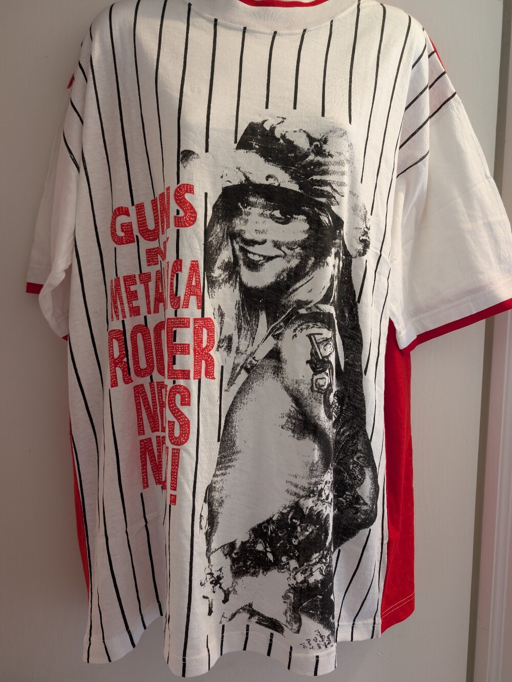 Guns N Roses W Metallica Graphic Pinstripe Tee with Red Accent. Xl.